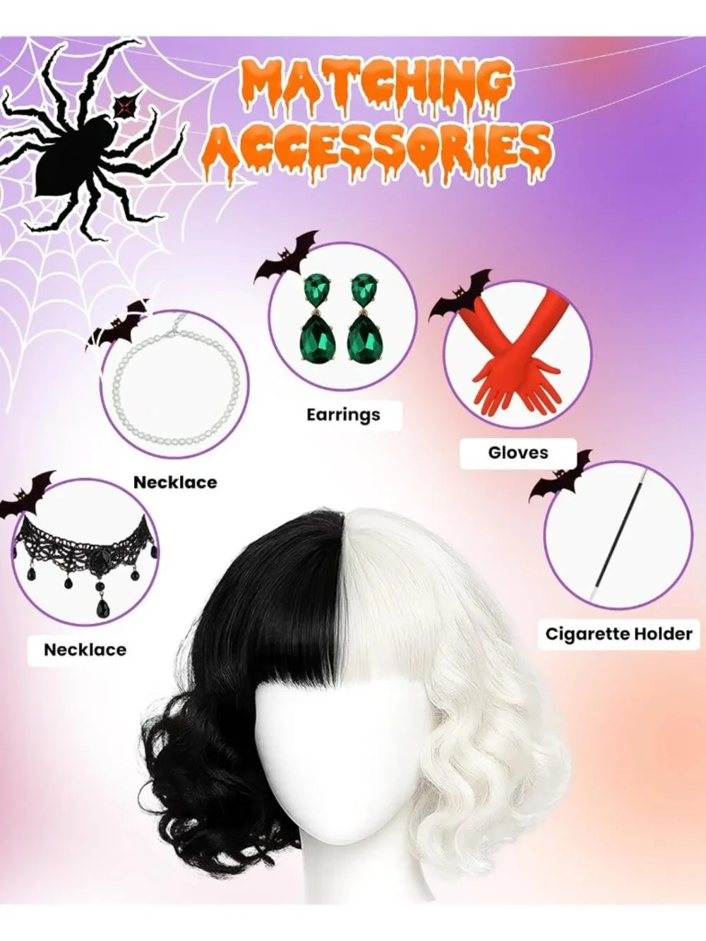Women's Black White Cosplay Convenient Set Include Adjustable Wig Cap Headpiece